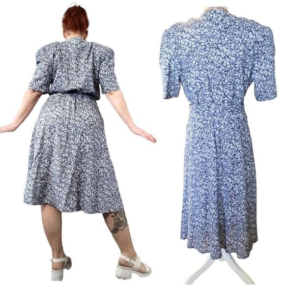 VTG 80s USA Blue White Floral Belted Secretary Midi Dress Size 10/ Medium - Picture 11 of 16